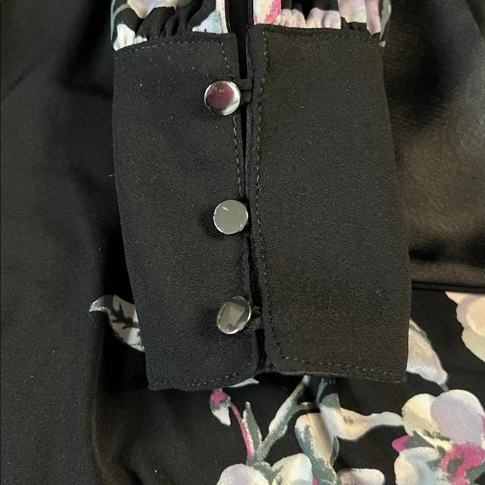 White House Black Market LS MJ w Tie Chemise Delphinium Placed Black Dress - Picture 3 of 9
